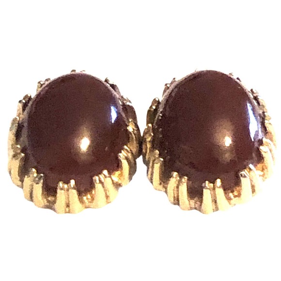 Reja Glass Domed Carnelian Cabochon Gold Plated Signed Clip On Earrings - Picture 3 of 10